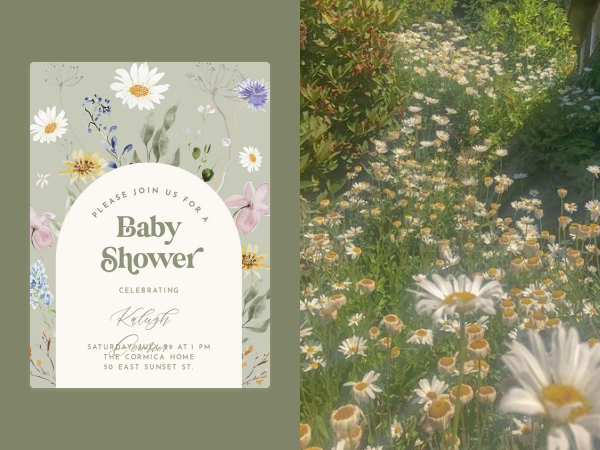 A floral baby shower invitation and a picture of a field of flowers.