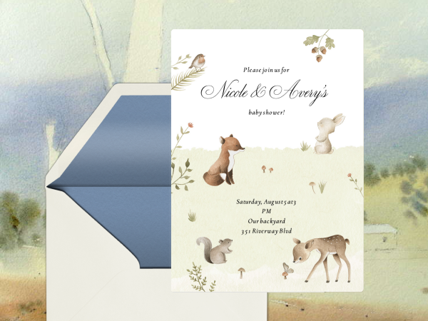 A woodland baby shower invitation.