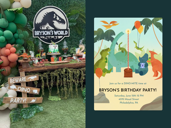 Dino-themed birthday party next to a matching invitation.