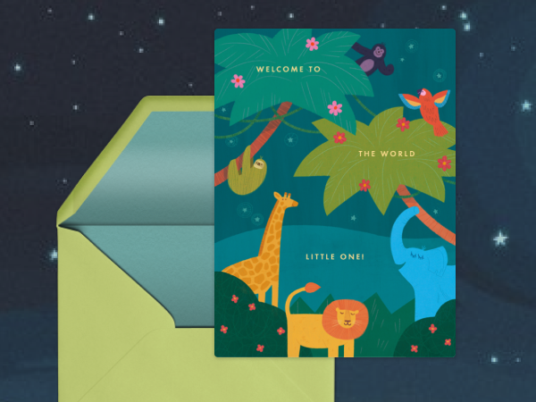 A jungle animal-themed baby shower card.