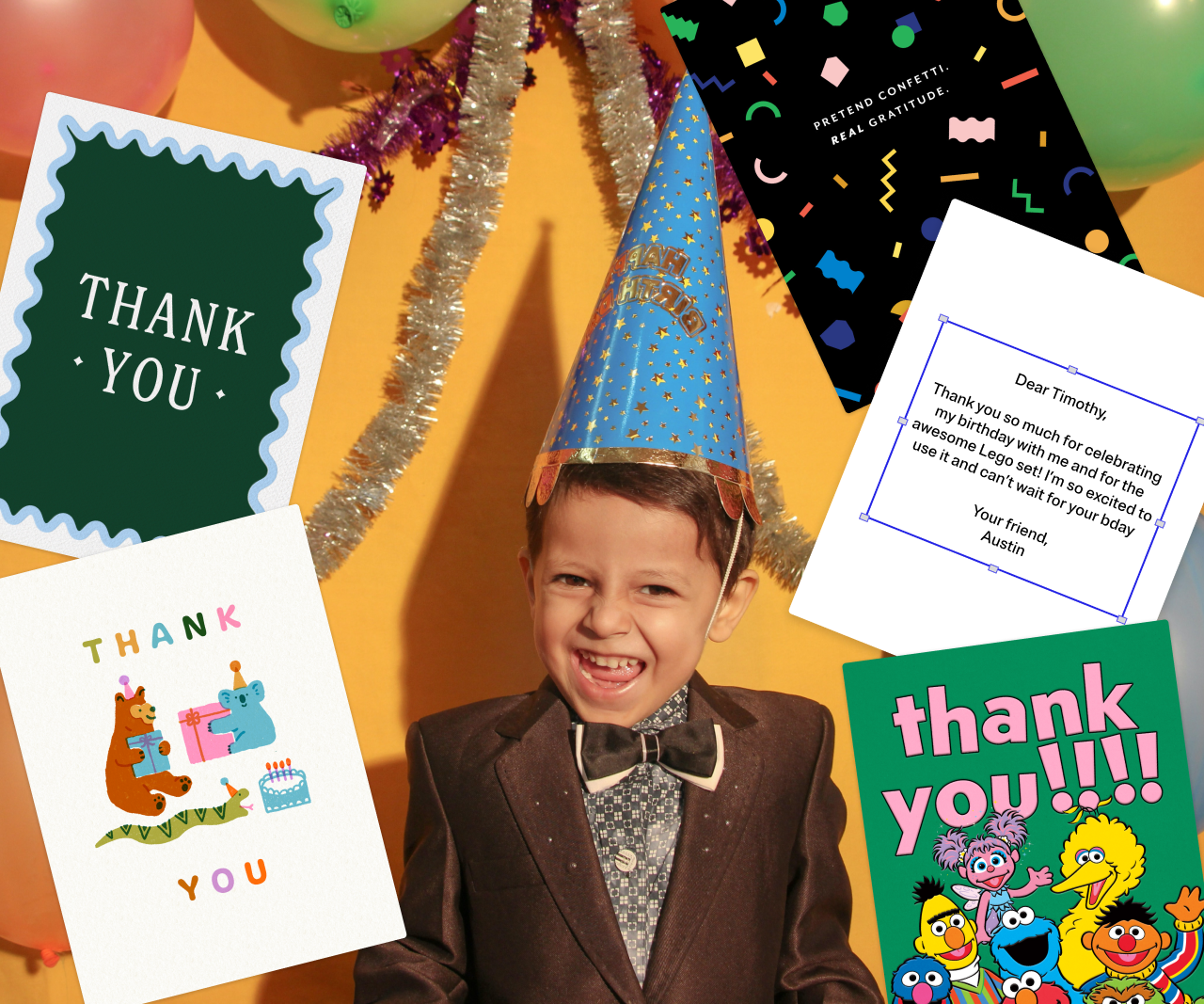 Little boy in a party hat surrounded by images of thank you cards.