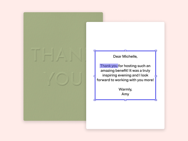 Simple, green thank you card with an example message.