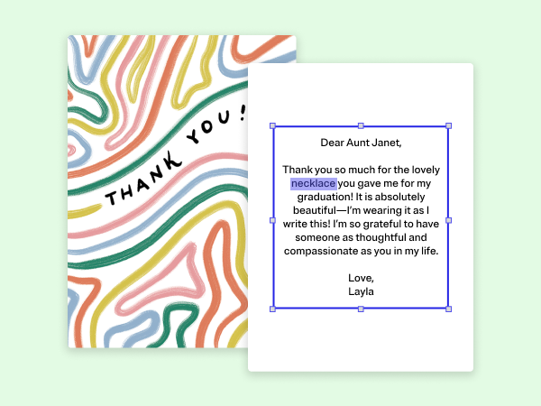 Colorful thank you card with a swirl design and an example card message.