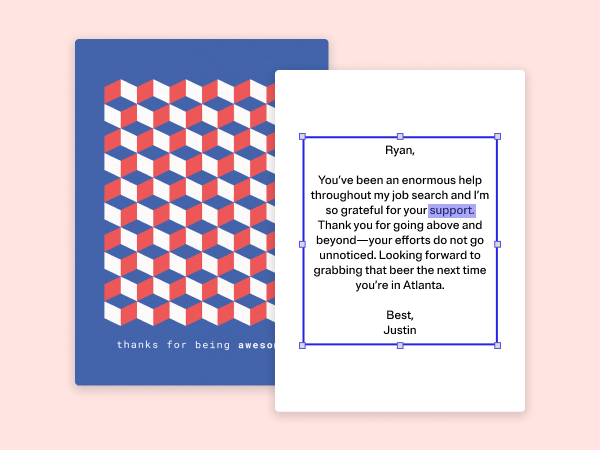 Tessellated card design with an example message beside it.