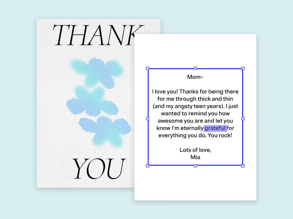 Thank you card with three blue flowers and an example message beside it.