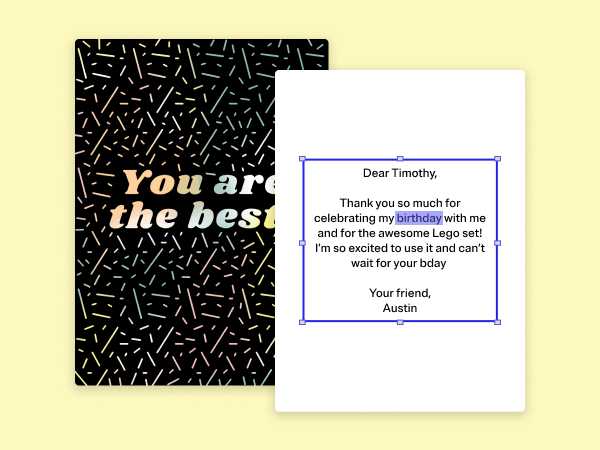 Thank you card with holographic typography and an example message.