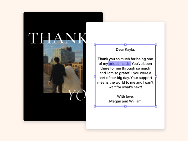 Wedding thank you card with an example message to it.