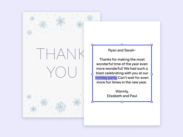 Snowflake thank you card with an example message.