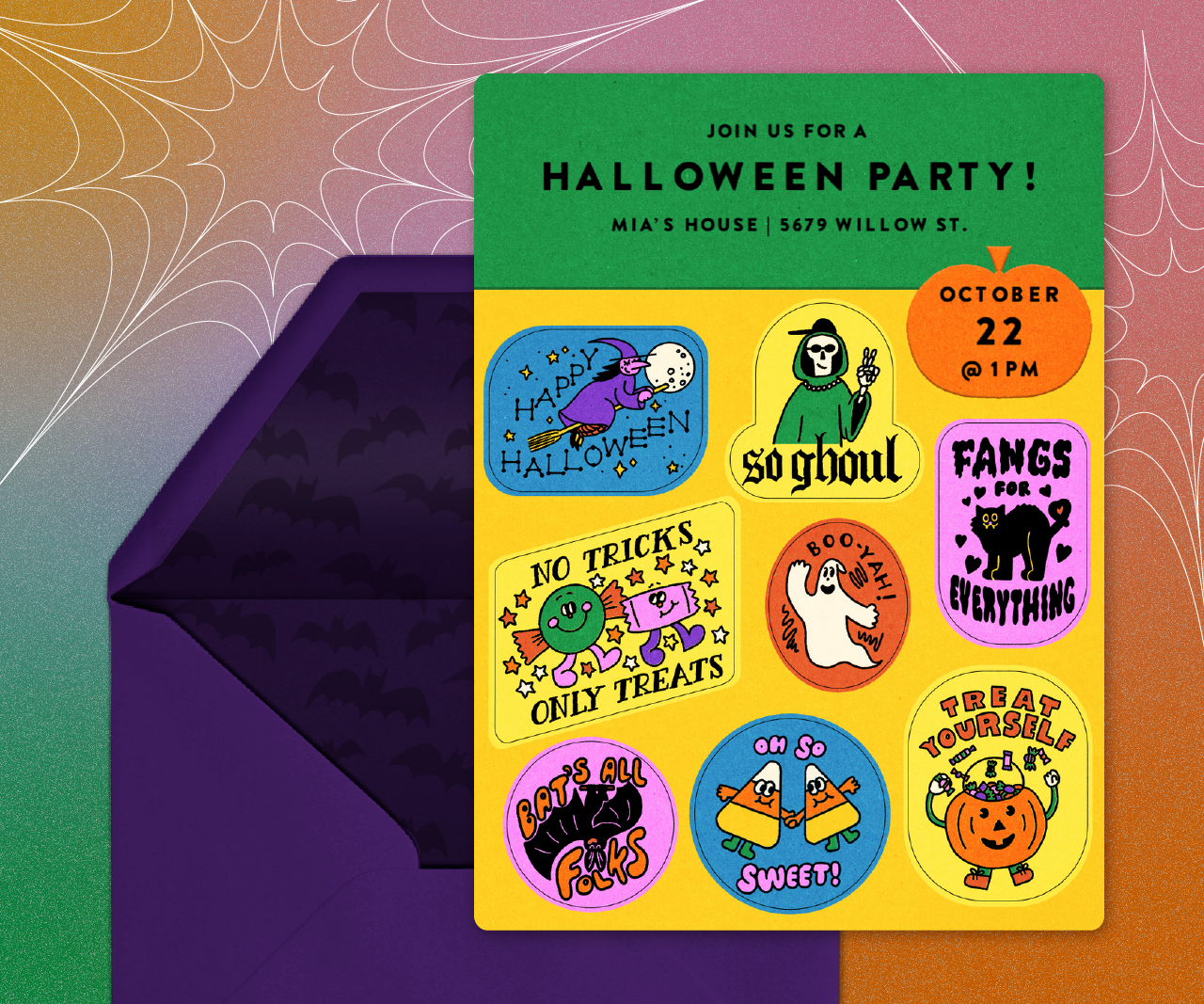 Evite Halloween invitation covered in Halloween stickers.