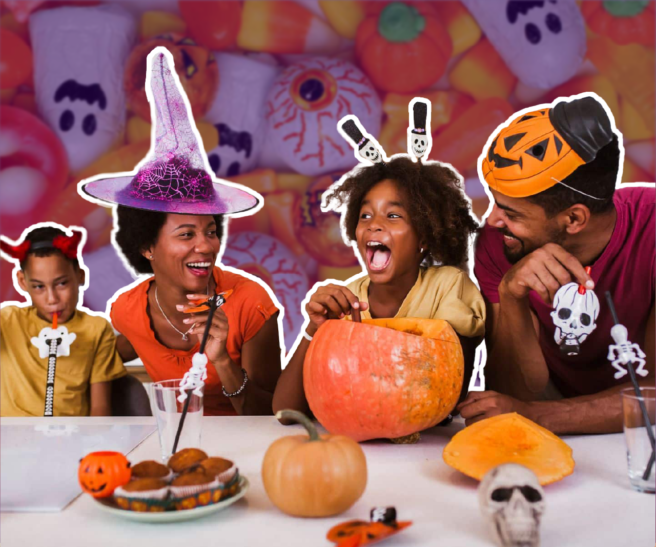 A family dressed up for Halloween sitting around a table and carving pumpkins.