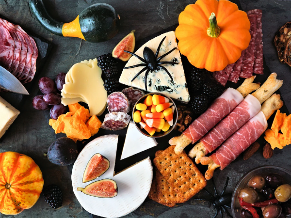 A Halloween-themed charcuterie board.