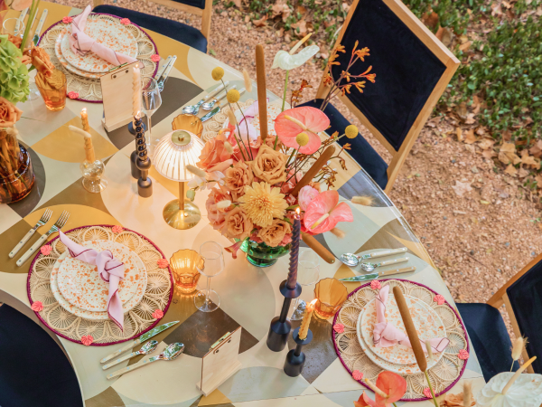 Overhead shot of a colorful tablescape.