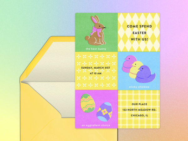 Easter invitation with a chocolate bunny, marshmallow chicks and eggs on it. 