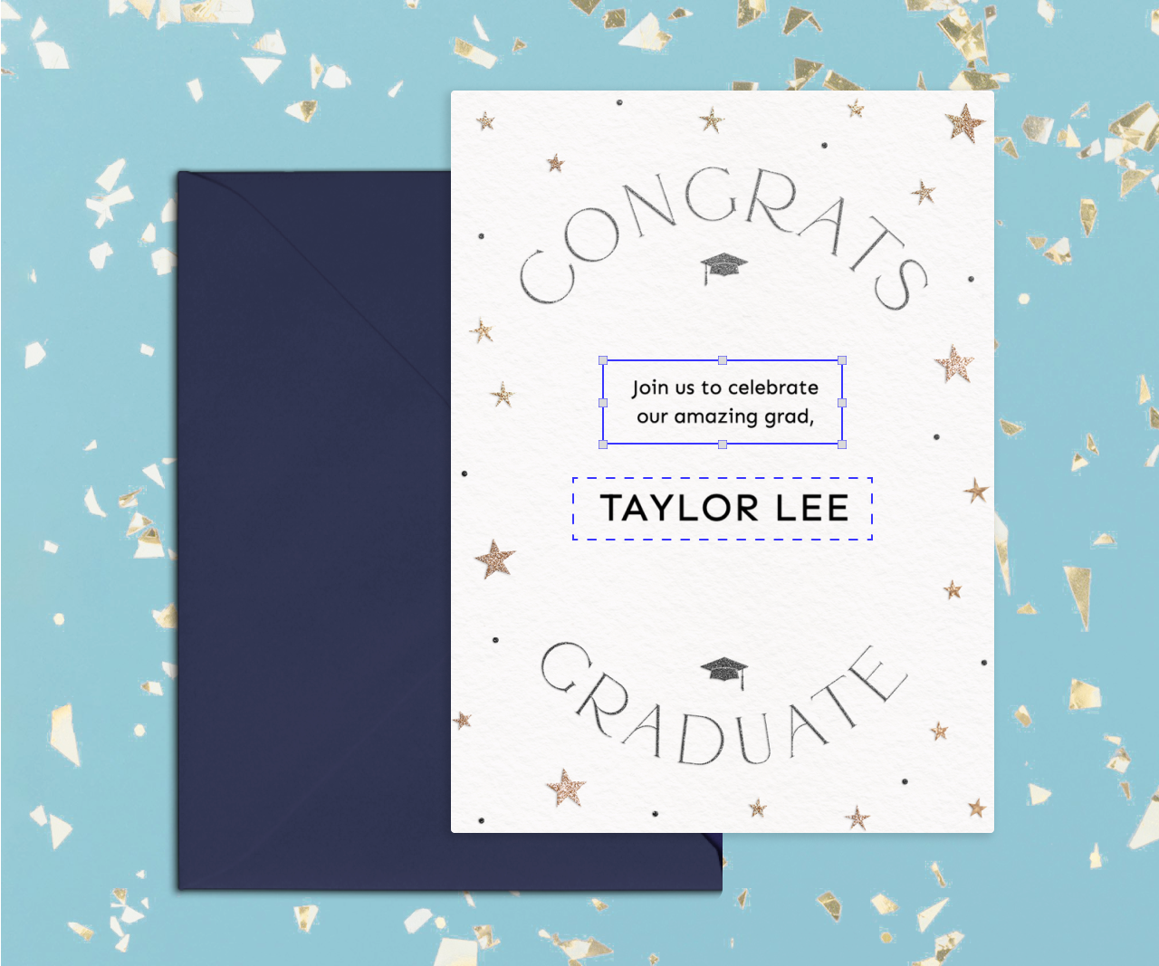 A graduation party invitation with stars and confetti.